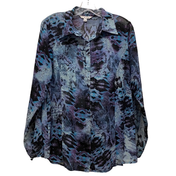 CABI Python Print Button Up Semi Sheer Blouse Blue Large - Picture 2 of 9